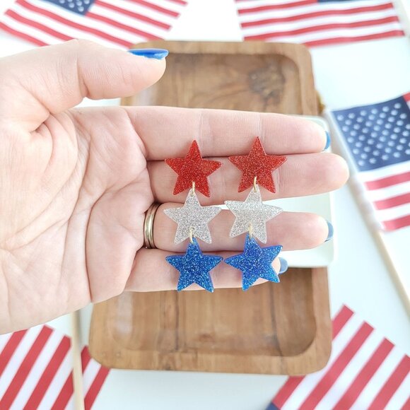 π 2/$20 - Red, Silvery White, and Blue Star Earrings - Picture 9 of 9